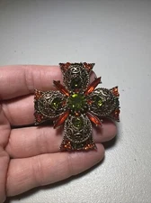 Vintage EMMONS Maltese CROSS Filigree Rhinestone Goldtone Brooch Pin Signed