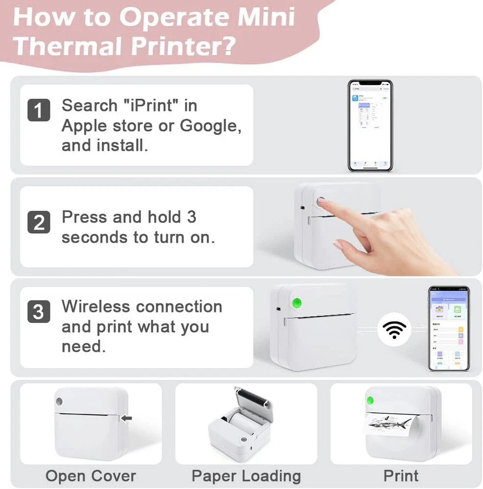 Mini Photo Printer Portable Thermal Printer with 1 Rolls Paper for iOS Android