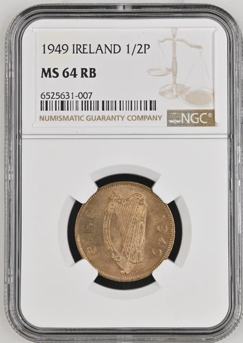 1949 IRELAND 1/2 PENNY NGC MS64 RB.