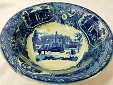 Antique Flow Blue 9" Bowl CITY SCENES Massachusetts Ironstone Mark SCALLOPED