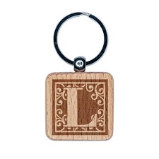 Monogram Swirls Capital Letter L Engraved Wood Square Keychain Tag Charm