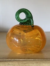 Hand Blown Art Glass Pumpkin Artist Signed Twisted Stem 4” Tall Orange Green