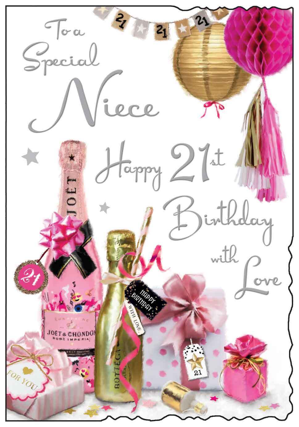 Niece 21st Birthday Card - Pink and Gold Champagne with Glitter ...