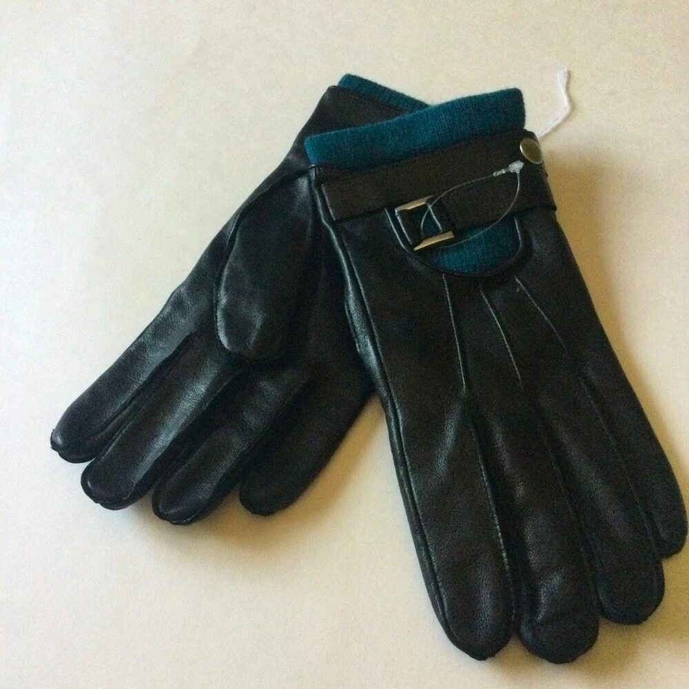 PORTOLANO MENS LEATHER GLOVES BLACK WITH TEAL WOOL/CASHMERE LINING MEDIUM NWOT