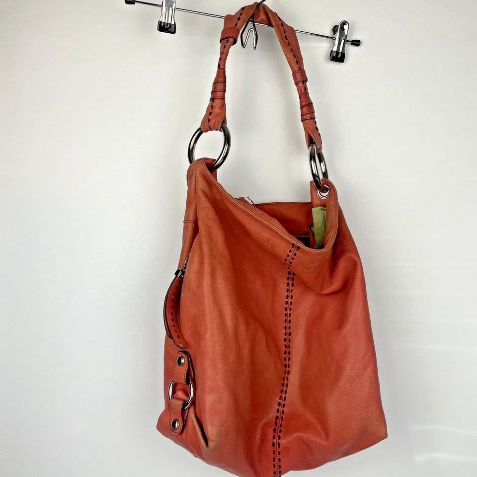 B. Makowsky Salmon Leather Shoulder Bag Slouch Hobo Silver Hardware