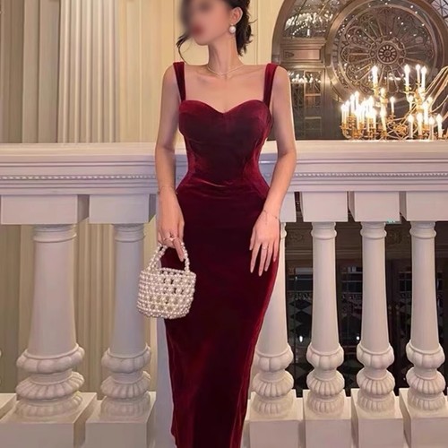 2 Cocktail Party Summer Red Midi Velvet Spaghetti Strap Dresses - Picture 7 of 9