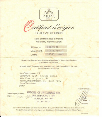 Patek Philippe 3800J  Certificate Of Origin for a 18K Gold Nautilus