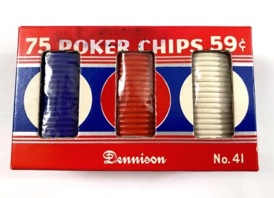 Vintage Dennison Poker Chips in Box, 75 Chips,  Unbreakable Noiseless 1.5''D