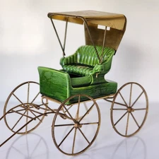 Vtg Green Ceramic Wagon Carriage Buggy Planter Poppytrail Metlox Horse Driven