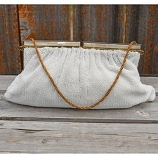 Vtg Walborg White Beaded Purse Clutch Bag Mother of Pearl Clasp Japan Gold Strap
