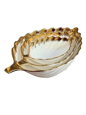 Gold and White Ceramic Leaf-shaped Bowls Set of 3pcs for Serving Bowls Set New