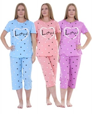 Damen-Pyjama-Set Herzmuster Kurzarm Capri-PJs Loungewear UK-Größen