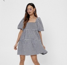 Nastygal Size 0 Gingham Print Tired Puff Sleeve Dress Black White Check Milkmaid
