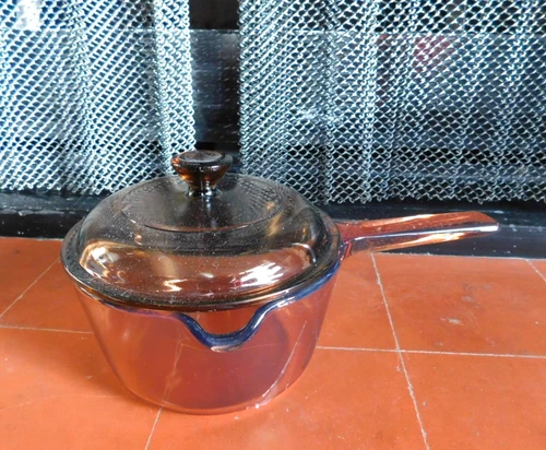 Corning Vision e V-1-B Amber 1 L Spout Saucepan +Pyrex Glass Lid V-1-C VTG-USA