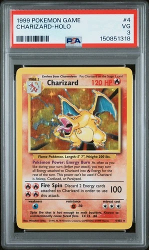 1999 POKEMON BASE SET UNLIMITED #4 CHARIZARD-HOLO PSA 3