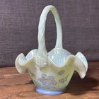 Fenton Satin 8” Basket Floral Interlude Butterfly Sea Green 1998 Signed