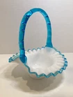 Vintage Fenton Aqua Crest Ruffled Edge Basket with Bamboo Style Handle