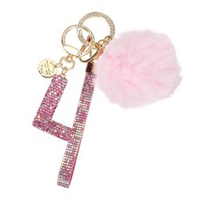 Initial Letter l Keychain with Pom and Rhinestone Wristlet, Pink