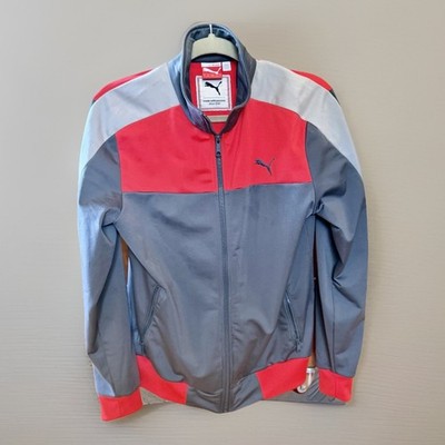 PUMA Gray & Red Colorblock Full-Zip Windbreaker Track Jacket, Mens S, EXCELLENT