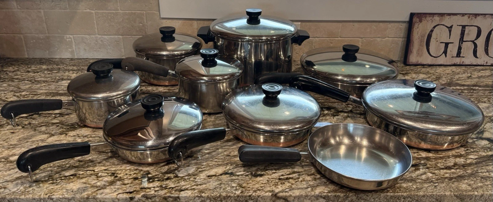 Lot 16 Piece Revere Ware Pots Skillets Lids Copper Bottom Stainless Steel 1801