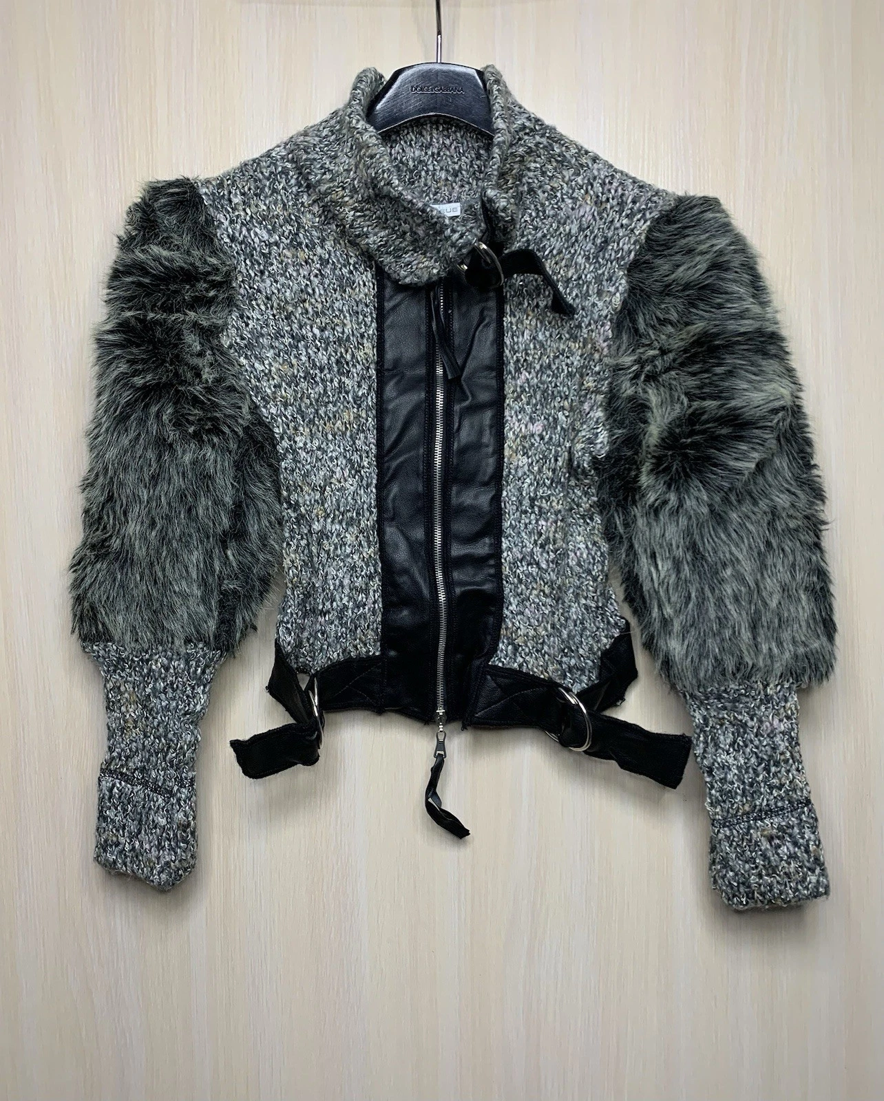 Zone Bleue Vintage Y2K Knitted Fur Leather Trim Longsleeve Sweater Top Size S