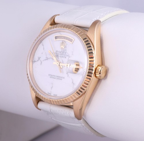 Rolex Men Day-Date 36mm President 18k Gold 18238-White Marble Dial-White Leather - Picture 2 of 5