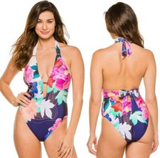 Trina Turk Opulent Oasis Plunge Sliding Tie Back Halter One Piece Swimsuit