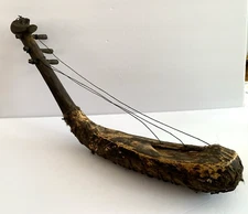 Antique African 3-String Figural Arched Handmade Harp Instrument Leather & Wood