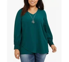 NY Collection Womens Plus 1X Green Blouson Sleeve Necklace Top NWD AH45