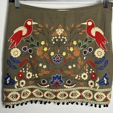 Altars State Skirt Womens L Bird Floral Embroidered Mini Fringe Party Bohemian