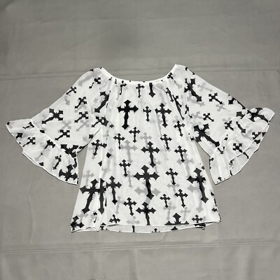VTG Y2K White/Black Cross Bell Sleeve Emo Grunge Skate Scene Top Shirt-MED-8015