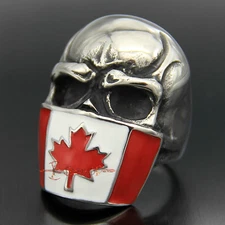 Large Canada Flag Mask Skull Stainless Steel Mens Biker Ring Canadian Maple Leaf