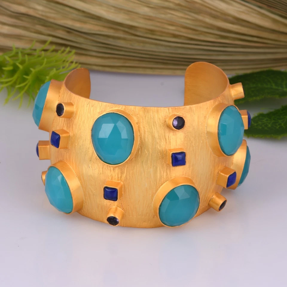 Brazalete Brazalete Ancho Chapado en Oro 18K Aqua Calcedonia Amatista Lapislázuli Joyería Foto 3 de 4