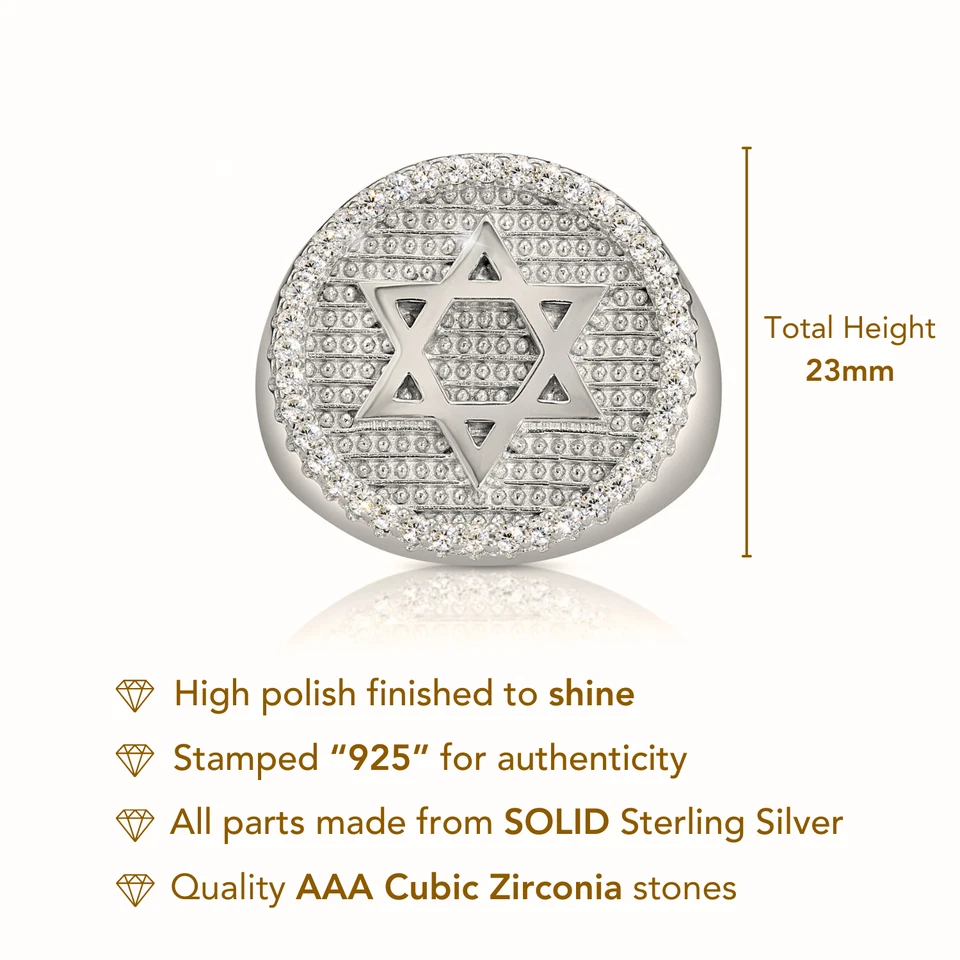 Anillo de plata esterlina 925 sólida estrella de David pavé sello declaración banda meñique Foto 2 de 4