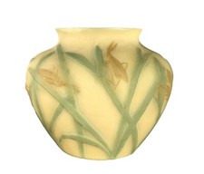 Vtg Phoenix Consolidated Glass Katydid Grasshopper Custard Vase Green Satin 7.5"
