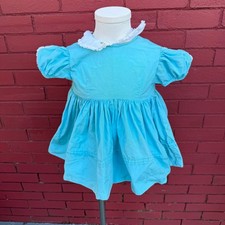 Vintage Cotton Baby Dress Embroidered Collar Puff Sleeves Blue Size 9 Months