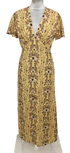 Sandro Women's Maxi Dress Size S Yellow Floral Short Sleeves V Neck Used
