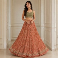 Sanskriti New Red Net Mesh Unstitched Lehenga Premium Hand Embroidered Zardozi