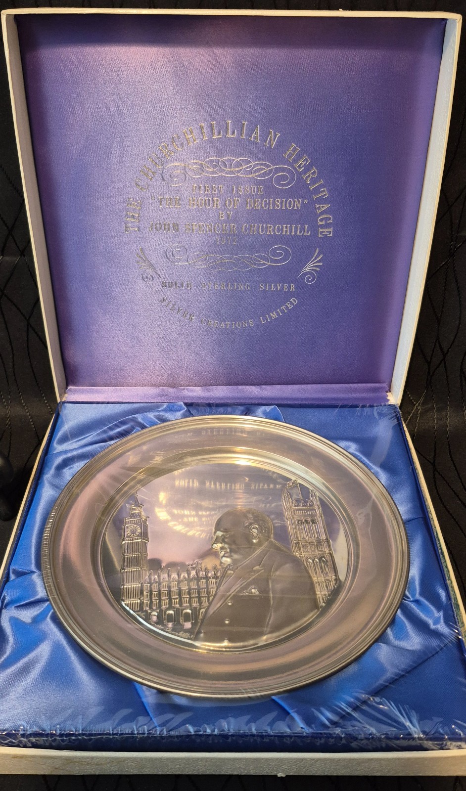 Placa de plata esterlina Winston Churchill hora de decisión firmada Sarah Churchill