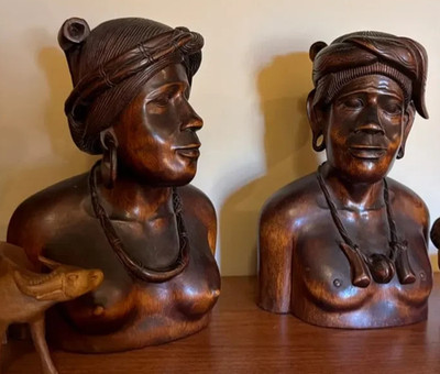 Vintage African Handcarved Husband & Wife Pair Vintage 9.5'' Busts Of Man & Woman