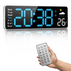 Digital Wall Clock Large Display Corded Alarm Weather Temp Auto DST Blue