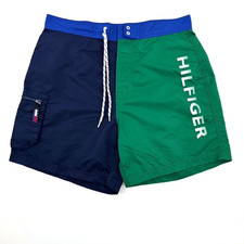 Y2K Tommy Hilfiger Mens Swim Trunks L Colorblock Blue Green Logo Board Shorts