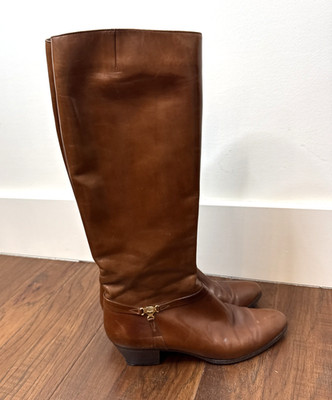 Salvatore Ferragamo Leather Boot Women 7.5 Narrow Brown Knee High Riding Harness