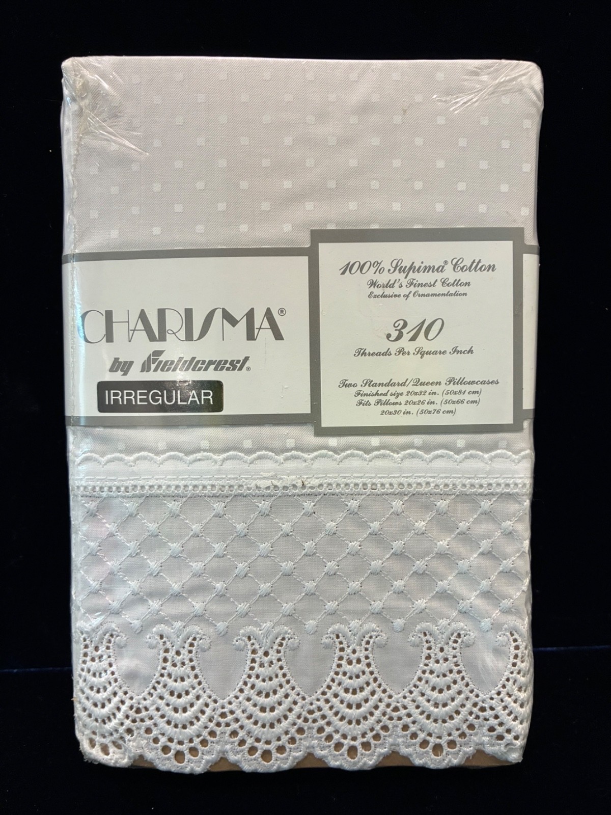 CHARISMA FIELDCREST 100% Supima Cotton 310 Std/Q Pillowcases Regency Lace White