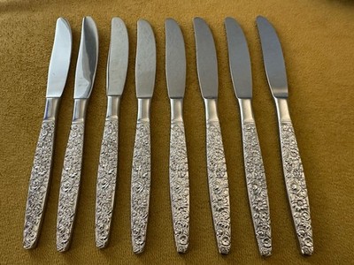 (8) DINNER KNIVES  Unknown Manufacturer ROSE GARDEN Stainless Japan  -