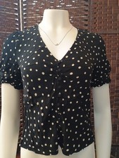Madewell Size 4 Carmelina Short Sleeve Top Polka Dot Black and White Button Up