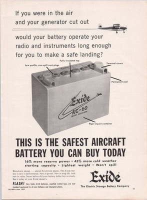 Exide AC-60 Aircraft Battery Vintage 1959 Print Ad Aviation Safety