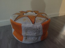 Handmade Pouffe New Genuine Leather Poufe Pouf Footstool Orange Cream/Off White
