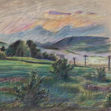 Martin Krauss Landscape in the Evening Signed Colored Pencil Drawing 1944 Original