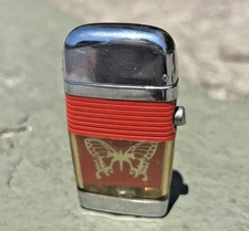 Vintage Scripto Vu Cigarette Lighter Red Band;  Butterfly Insert